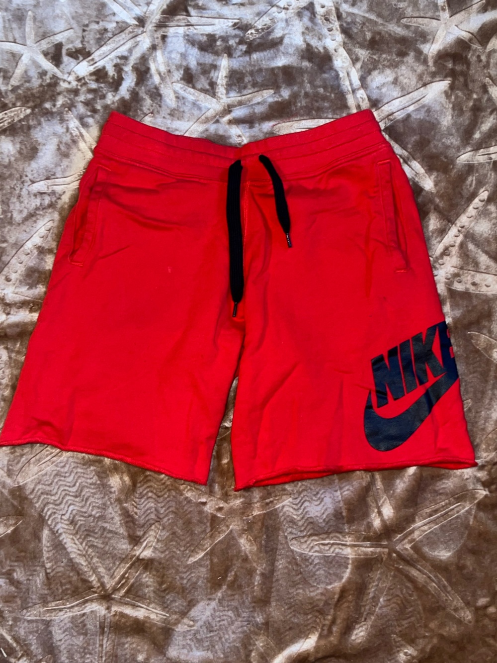 Nike Men's Red Athletic Shorts with Black Logo